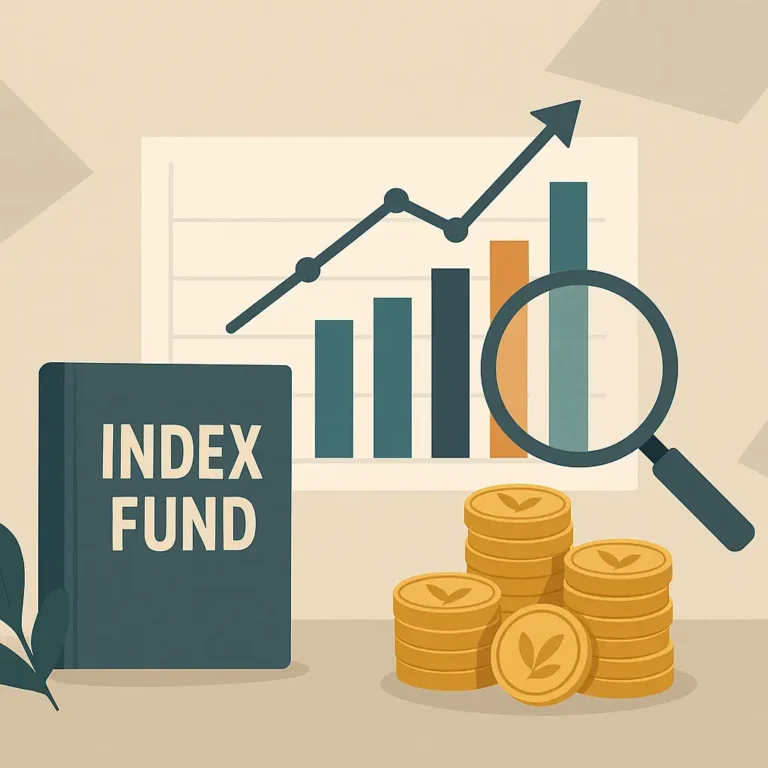 A modern flat-style illustration featuring a bar chart with rising index values, a magnifying glass highlighting one of the bars, a dark blue book labeled "Index Fund," and stacks of gold coins, symbolizing long-term investment growth.