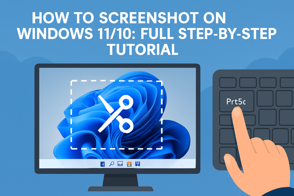 Illustration of a tutorial on how to screenshot on Windows 11/10, showing a hand pressing the PrtSc key and a Windows 11 screen with a white title