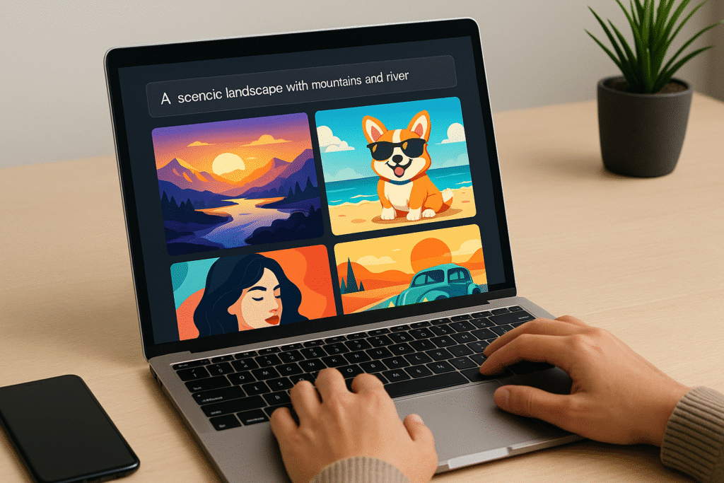 A person sits at a desk using a laptop that displays colorful AI-generated artwork, including a scenic landscape, a cartoon corgi, a woman’s portrait, and a retro car, with a phone and plant nearby.