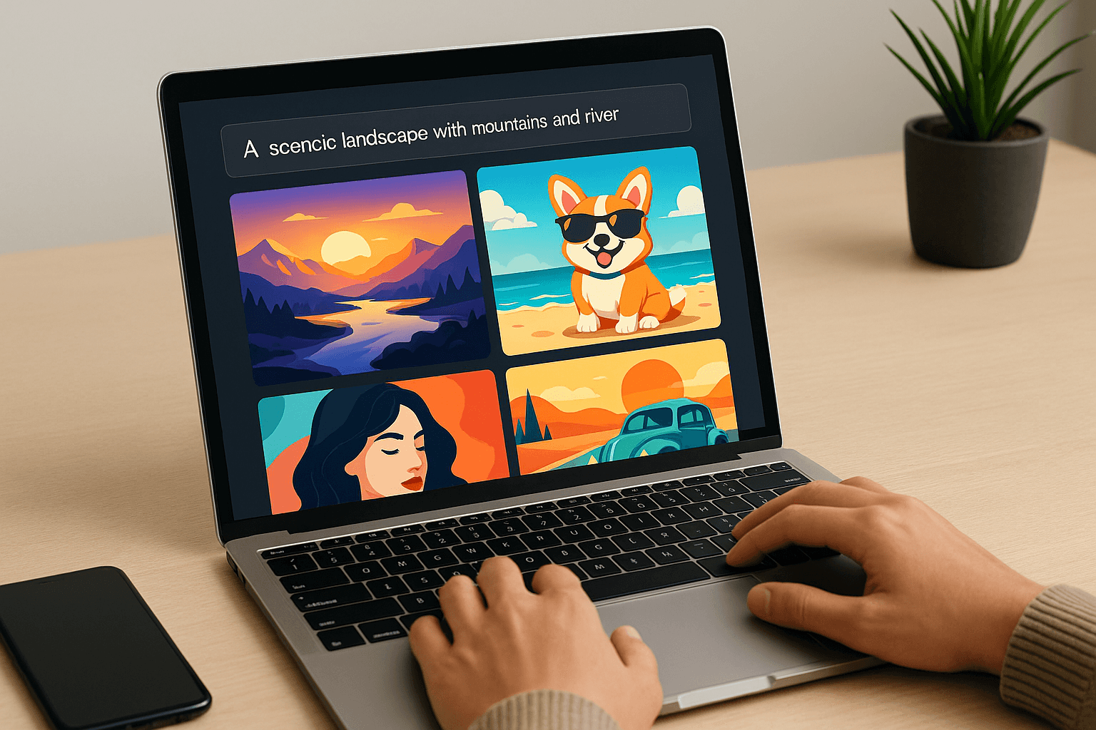 A person sits at a desk using a laptop that displays colorful AI-generated artwork, including a scenic landscape, a cartoon corgi, a woman’s portrait, and a retro car, with a phone and plant nearby.