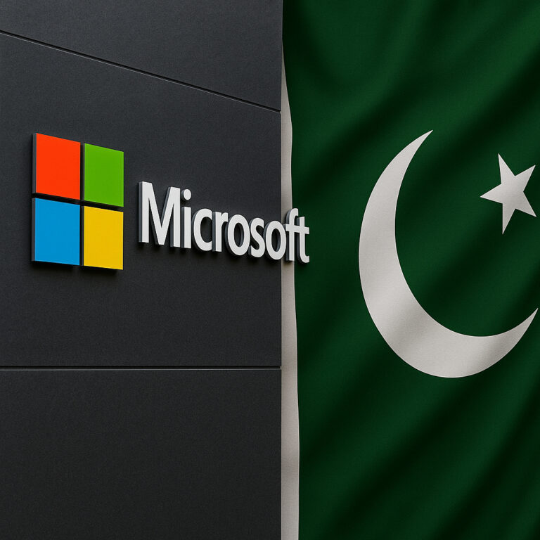 A digital photograph features a Microsoft sign on a modern dark building wall, positioned beside a waving Pakistani flag. The image symbolizes the connection between Microsoft and Pakistan, set against a neutral background with vivid, contrasting colors.