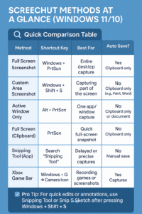 Infographic comparing screenshot methods on Windows 11/10, showing shortcut keys, best uses, and auto-save options in a blue table layout