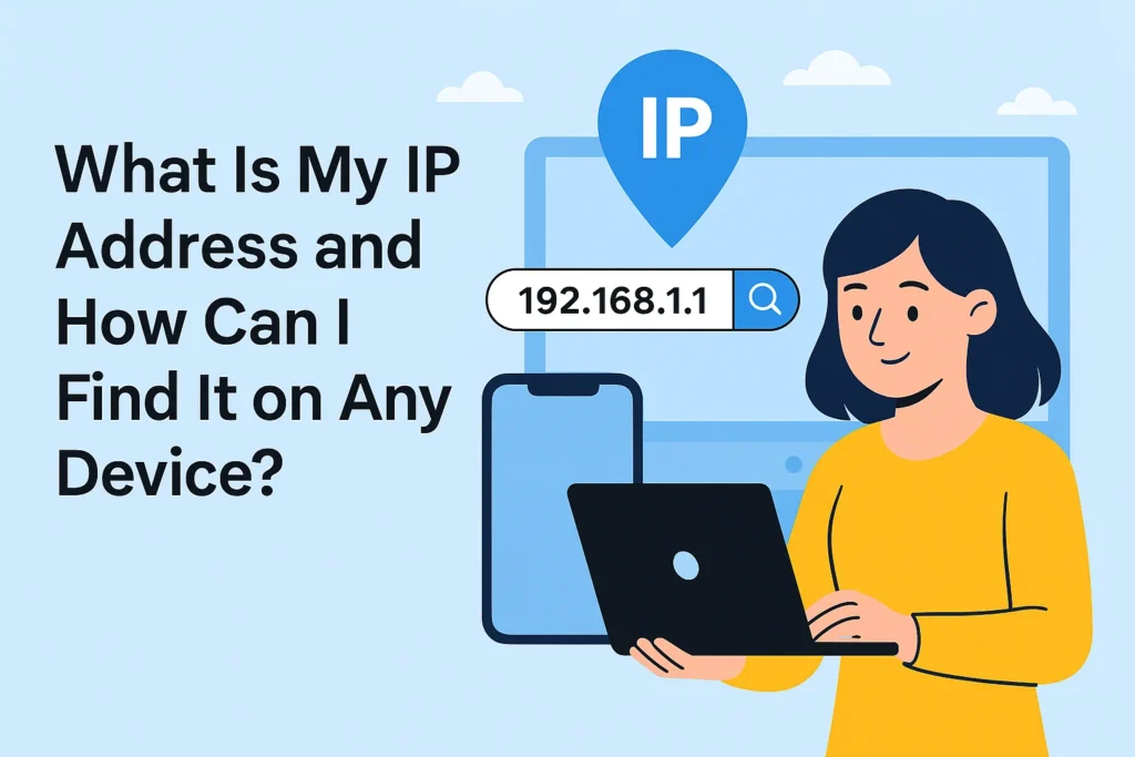 Illustration showing a woman using a laptop with a search bar displaying "192.168.1.1", representing an IP address.