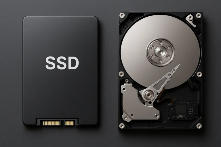A high-resolution image showing a solid-state drive (SSD) on the left with a sleek black casing and gold connectors, and a hard disk drive (HDD) on the right with its metallic platter and read/write arm exposed, both placed on a dark background for contrast.