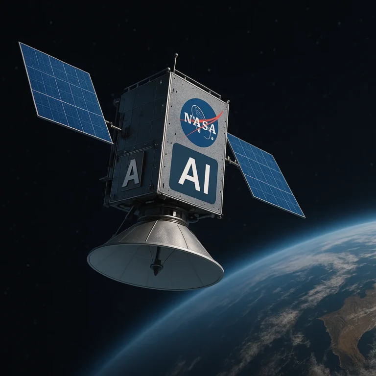 An AI-powered NASA satellite equipped with blue solar panels and a large communication dish orbits above Earth, with the planet's surface and atmosphere visible below and a starry sky in the background. The satellite features the NASA logo and prominent “AI” markings on its metallic body.