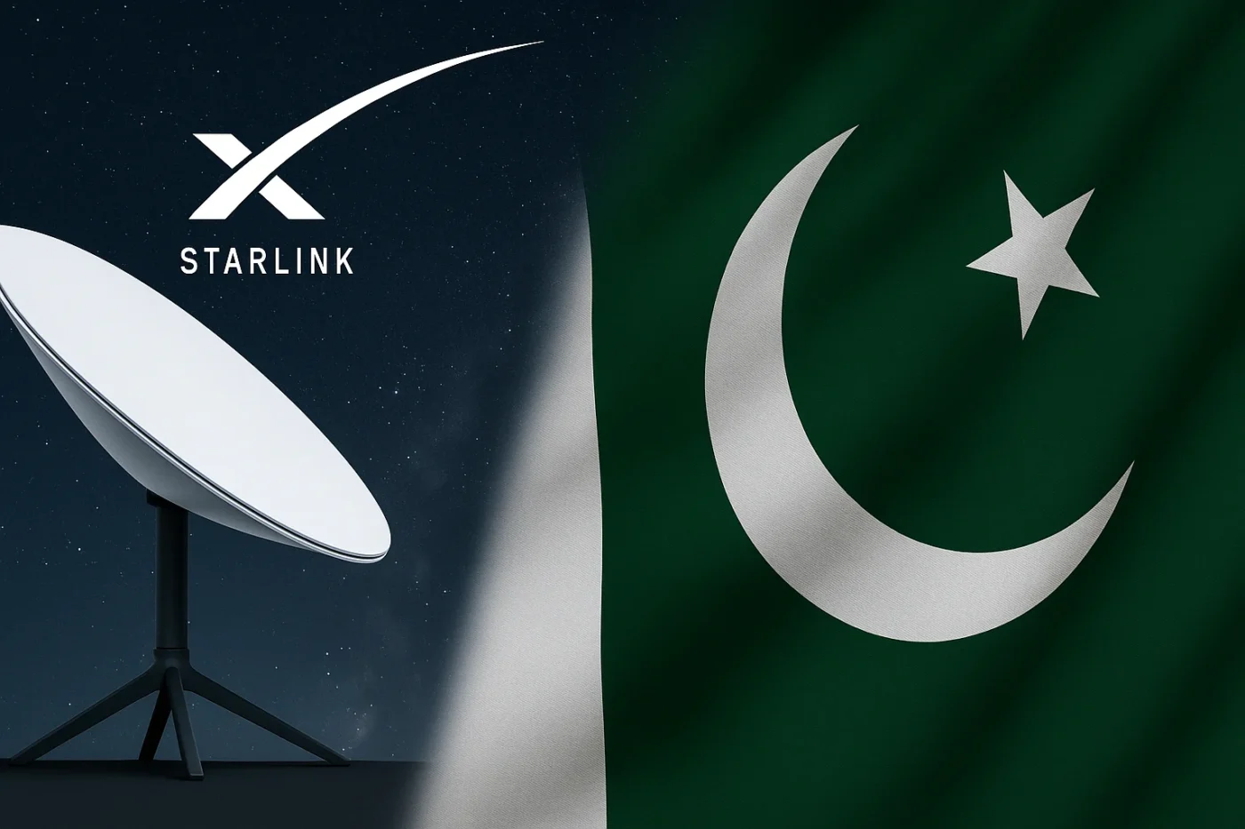 A digital image shows a white Starlink satellite dish on the left side under a starry night sky, with the Starlink logo above it. On the right side, the green and white flag of Pakistan waves gently, symbolizing the connection between Starlink and Pakistan’s digital future.
