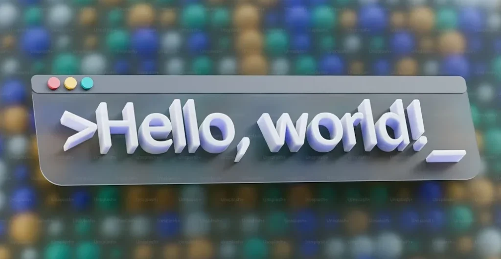 A computer screen displaying the words ‘Hello World’ in code, symbolizing learning a new programming language in 2025.