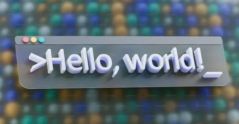 A computer screen displaying the words ‘Hello World’ in code, symbolizing learning a new programming language in 2025.