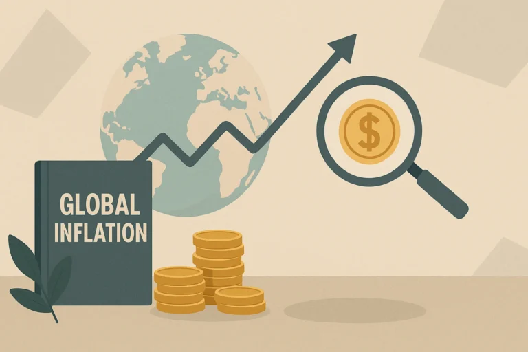 A minimalist flat-style illustration depicting global inflation's impact, featuring a globe with an upward-trending arrow, a magnifying glass highlighting a dollar coin, stacks of gold coins, and a book labeled "Global Inflation," all arranged on a neutral beige background.