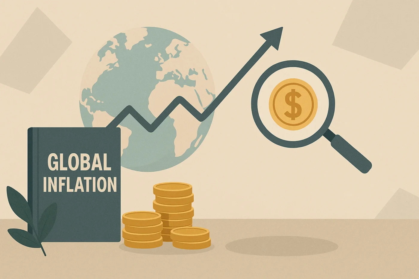 A minimalist flat-style illustration depicting global inflation's impact, featuring a globe with an upward-trending arrow, a magnifying glass highlighting a dollar coin, stacks of gold coins, and a book labeled "Global Inflation," all arranged on a neutral beige background.
