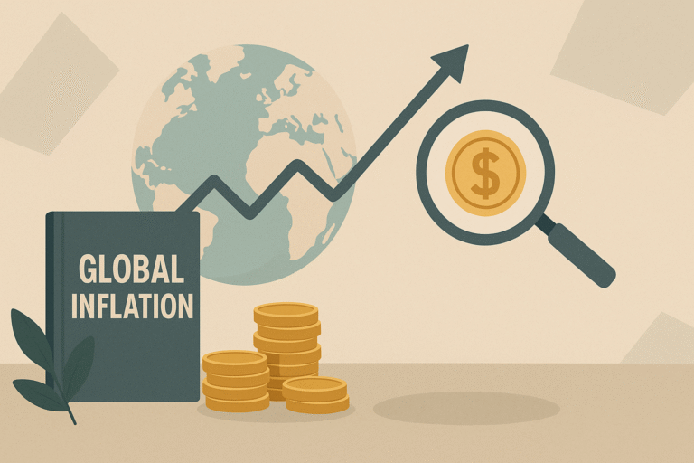 A minimalist flat-style illustration depicting global inflation's impact, featuring a globe with an upward-trending arrow, a magnifying glass highlighting a dollar coin, stacks of gold coins, and a book labeled "Global Inflation," all arranged on a neutral beige background.