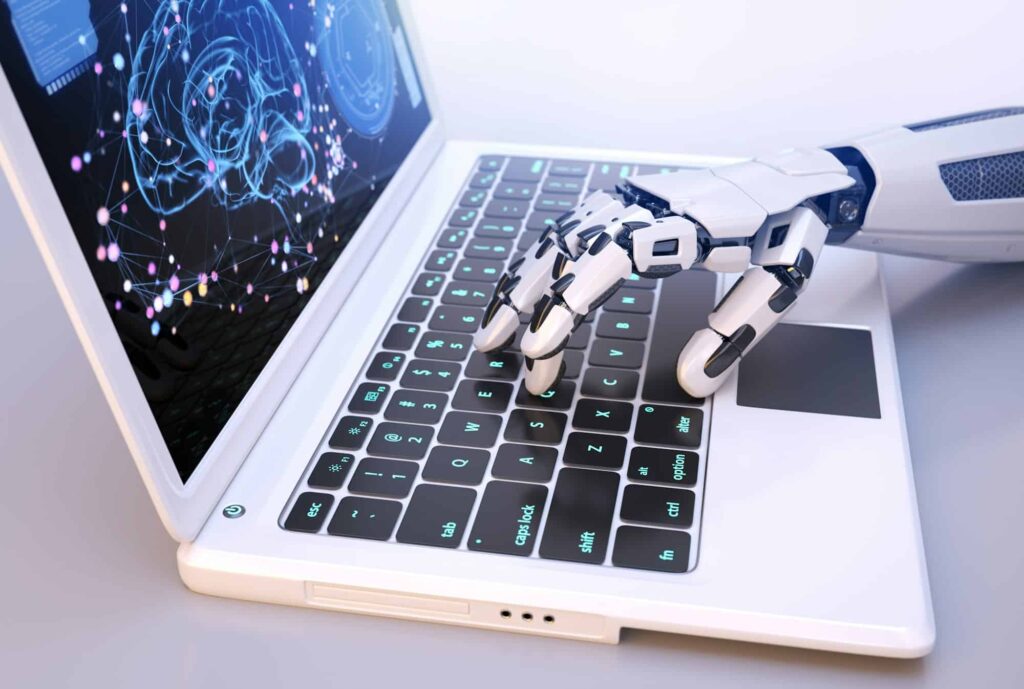 A humanoid robot with sleek metallic arms is sitting at a desk, typing on a laptop, with a modern office background suggesting advanced AI technology at work.