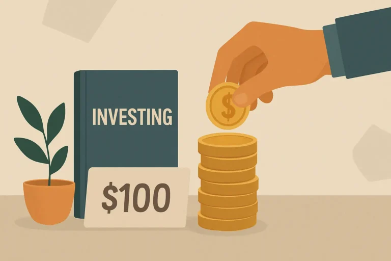 A flat-style digital illustration representing beginner investing, featuring a stack of gold coins, a $100 card, a book labeled "Investing," a small potted plant, and a hand placing a coin on the stack—all arranged on a soft beige background with an earthy, minimalist design.