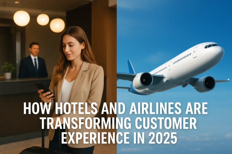 A modern composite image showing a business traveler using her phone in a hotel lobby on the left and a commercial airplane flying in the sky on the right, symbolizing how hotels and airlines are transforming customer experience in 2025.