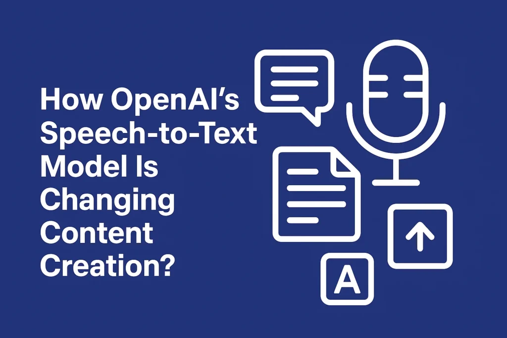 Modern digital illustration showing AI speech-to-text technology with microphone, text, and content icons symbolizing how AI is transforming content creation.