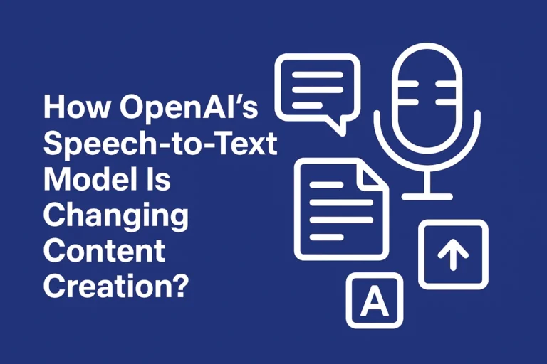 Modern digital illustration showing AI speech-to-text technology with microphone, text, and content icons symbolizing how AI is transforming content creation.