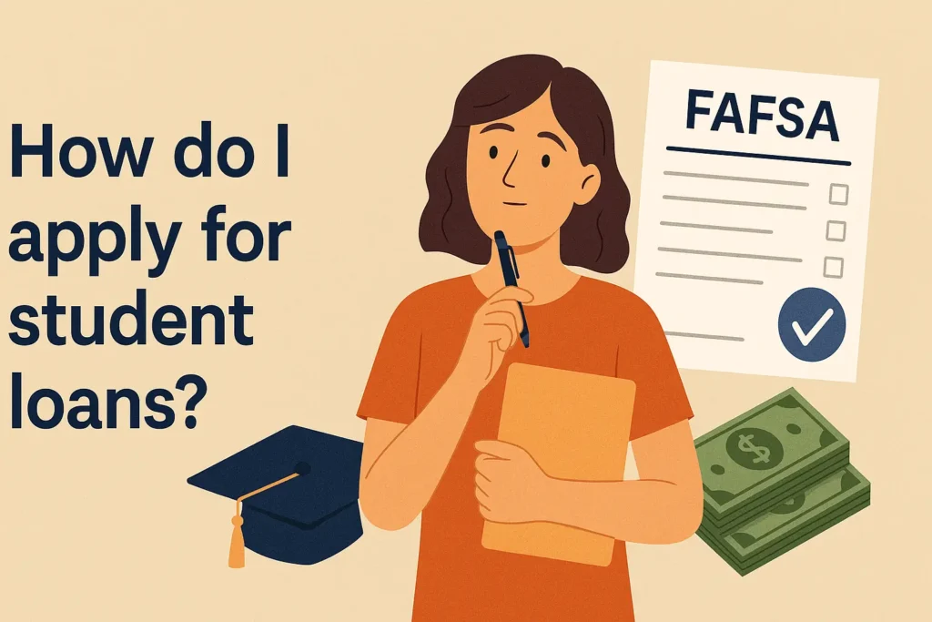 Illustration of a student holding a pen and folder, with a FAFSA form, graduation cap, and stack of cash in the background, alongside the text “How do I apply for student loans?” on a beige background.