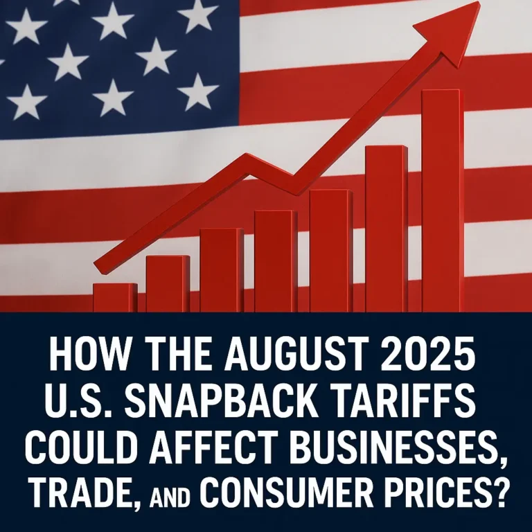 Modern featured image showing the U.S. flag in the background with a red upward-pointing graph and bar chart, symbolizing rising costs, trade impacts, and economic effects of the August 2025 U.S. snapback tariffs.