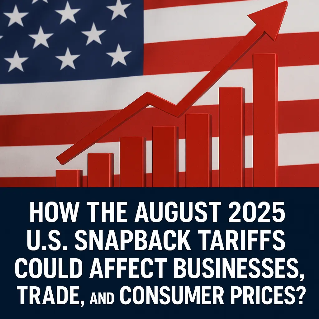 Modern featured image showing the U.S. flag in the background with a red upward-pointing graph and bar chart, symbolizing rising costs, trade impacts, and economic effects of the August 2025 U.S. snapback tariffs.