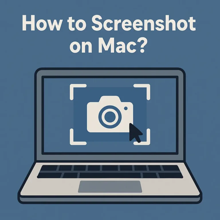 Illustration of a MacBook showing screenshot tools, with keyboard shortcut Shift + Command + 4 and icons for full screen, window, and selection screenshot options.