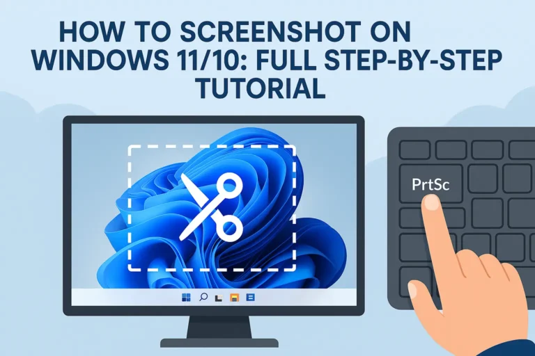 Illustration of a tutorial on how to screenshot on Windows 11/10, showing a hand pressing the PrtSc key and a Windows 11 screen with a white title