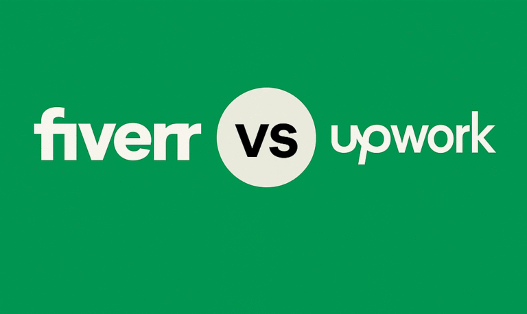 Modern featured image for blog post comparing Fiverr vs Upwork in 2025, showing bold text “Is Fiverr or Upwork Better for Freelancers in 2025?” with Fiverr and Upwork logos separated by “vs”.