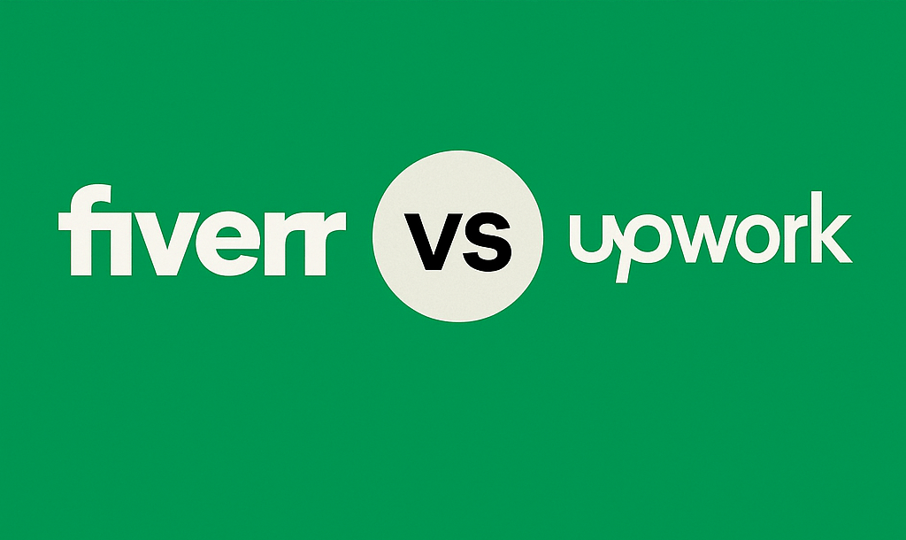 Modern featured image for blog post comparing Fiverr vs Upwork in 2025, showing bold text “Is Fiverr or Upwork Better for Freelancers in 2025?” with Fiverr and Upwork logos separated by “vs”.