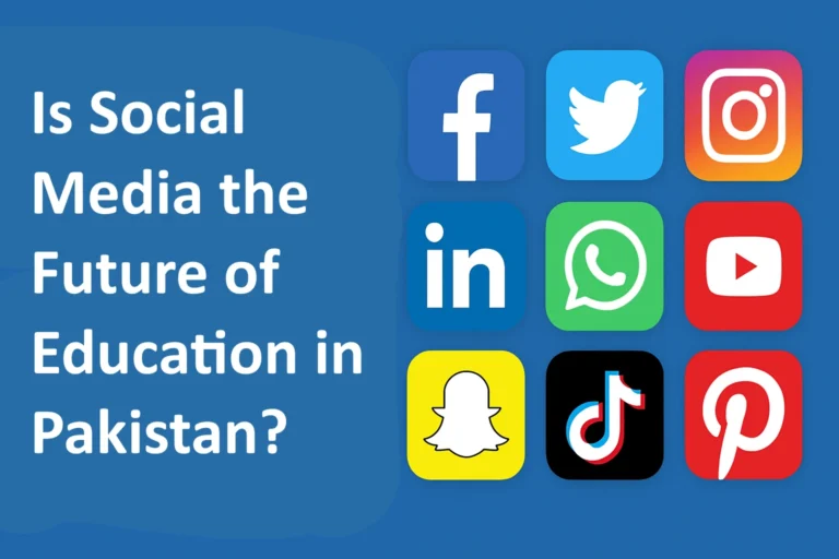 A modern blog banner with a blue background featuring the text 'Is Social Media the Future of Education in Pakistan?' in bold white letters on the left, and a 3x3 grid of colorful social media icons on the right, including Facebook, Twitter, Instagram, LinkedIn, WhatsApp, YouTube, Snapchat, TikTok, and Pinterest.