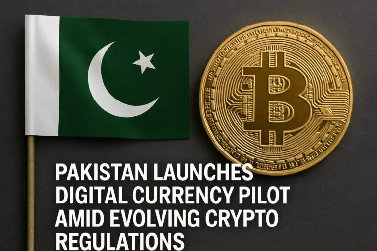 A digital photograph with overlaid text shows the flag of Pakistan next to a large gold Bitcoin coin on a dark textured background. The headline at the bottom reads: "Pakistan Launches Digital Currency Pilot Amid Evolving Crypto Regulations."