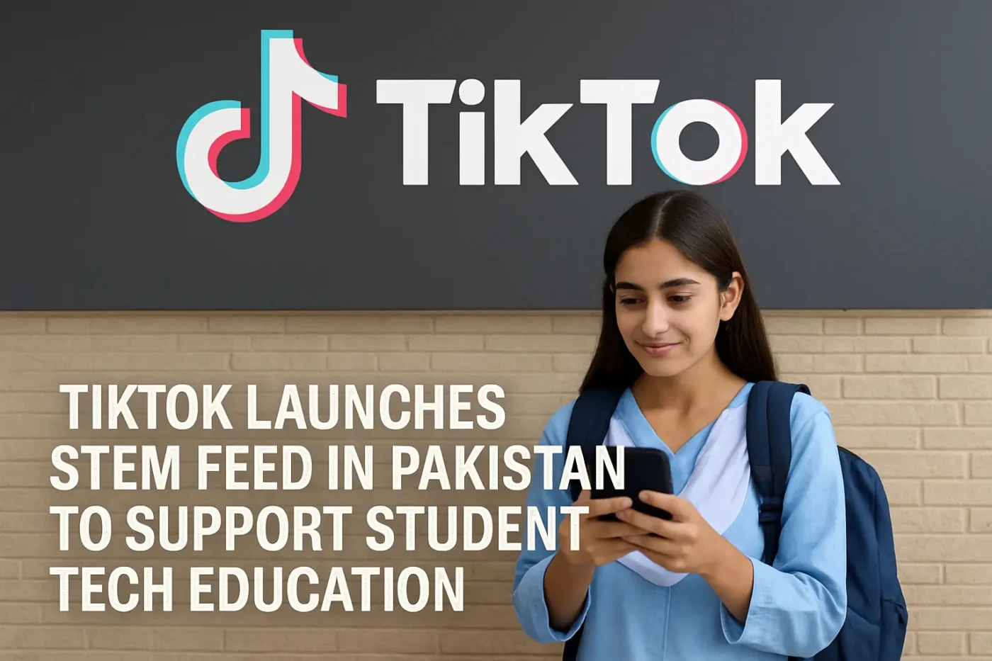 A photograph with overlaid text shows a Pakistani schoolgirl in a light blue uniform and backpack using a smartphone while smiling. Behind her is a wall featuring the TikTok logo. The text on the image reads: "TikTok Launches STEM Feed in Pakistan to Support Student Tech Education."