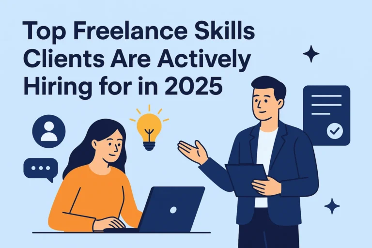 "Top Freelance Skills Clients Are Actively Hiring for in 2025" It also includes an illustration of a woman working on a laptop, a man holding a tablet and gesturing as if explaining something, and icons such as a light bulb, a person symbol, and a checklist with a checkmark. The background is light blue, and the design uses dark blue and orange tones for the characters and elements.