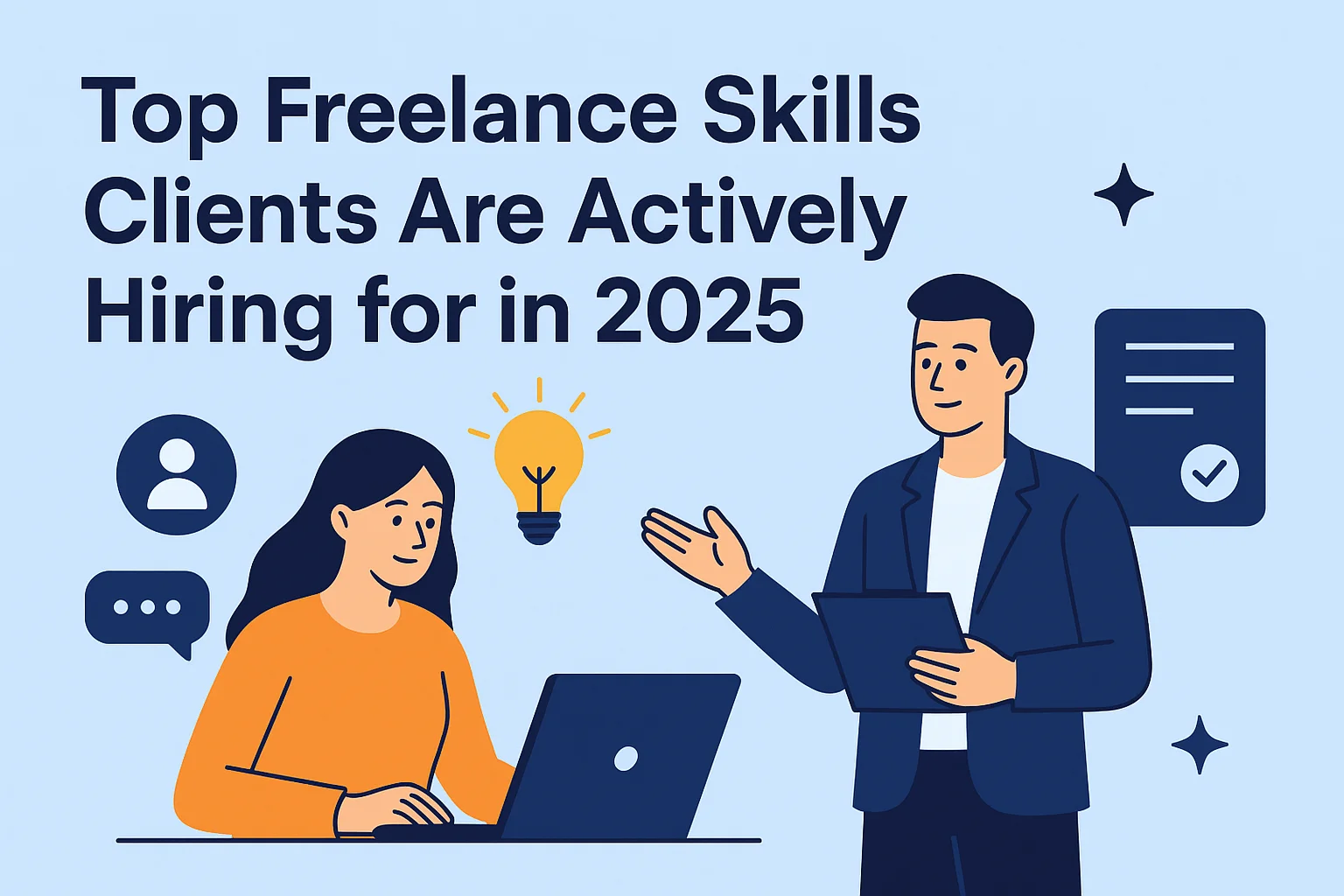 "Top Freelance Skills Clients Are Actively Hiring for in 2025" It also includes an illustration of a woman working on a laptop, a man holding a tablet and gesturing as if explaining something, and icons such as a light bulb, a person symbol, and a checklist with a checkmark. The background is light blue, and the design uses dark blue and orange tones for the characters and elements.