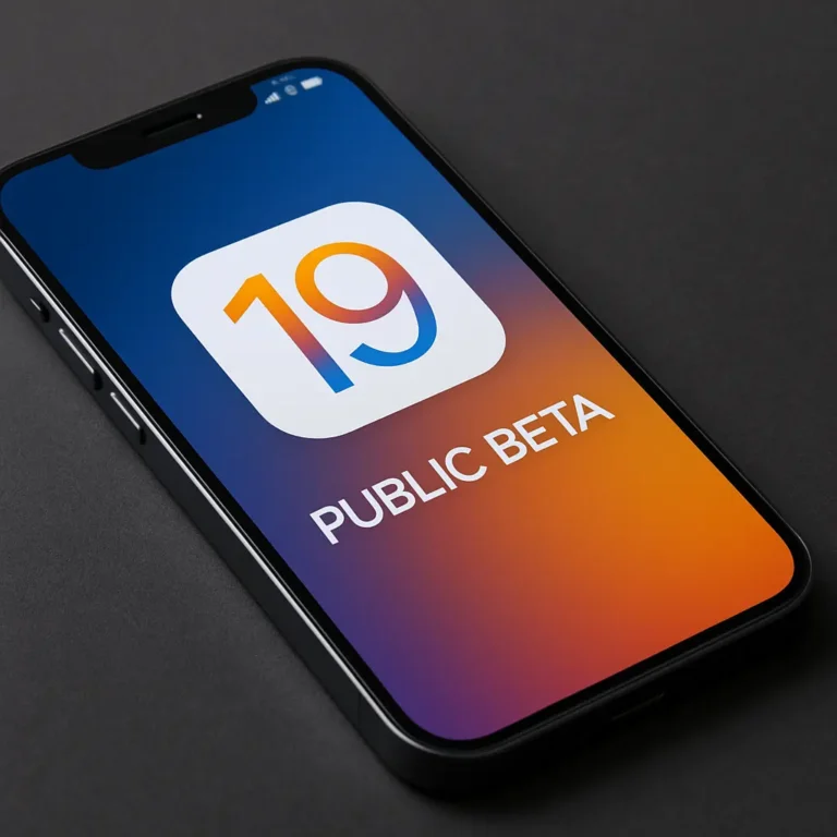 A modern iPhone lies on a dark surface displaying the iOS 19 public beta screen, with a vibrant gradient background transitioning from deep blue to warm orange and the number 19 prominently featured at the center.