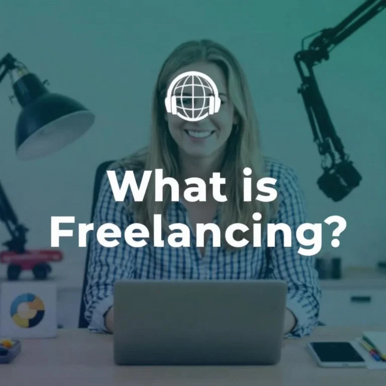 What is freelancing – a smiling woman working remotely on a laptop with podcast mic and desk setup, representing the modern freelance lifestyle.