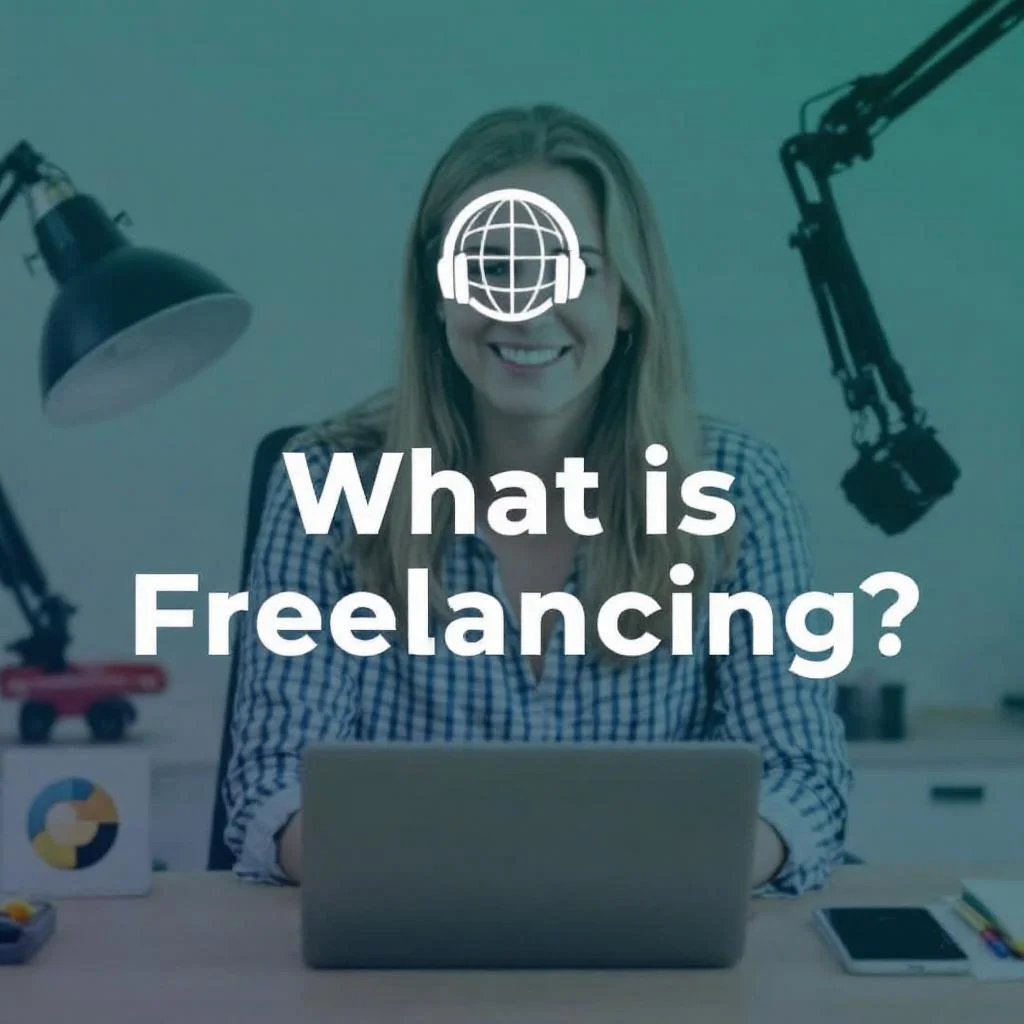 What is freelancing – a smiling woman working remotely on a laptop with podcast mic and desk setup, representing the modern freelance lifestyle.