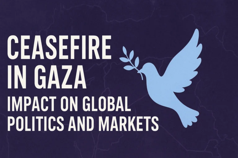 A modern news graphic titled “Ceasefire in Gaza: Impact on Global Politics and Markets.” The design features bold white text on a dark purple background with a light blue dove carrying an olive branch on the right side, symbolizing peace. The background subtly outlines a map of the Middle East.