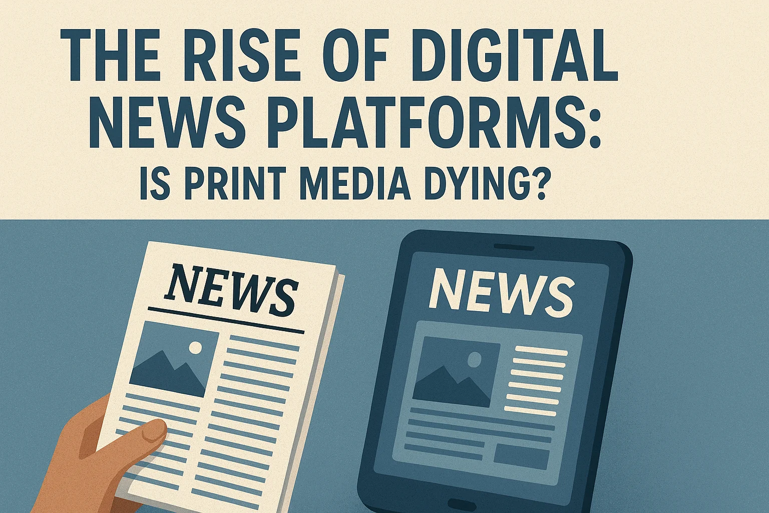 Illustration contrasting print and digital news. A hand holds a newspaper labeled 'NEWS' on the left, while a tablet displaying a digital news platform sits on the right. Above, bold text reads: 'The Rise of Digital News Platforms: Is Print Media Dying?' in dark blue on a beige background.