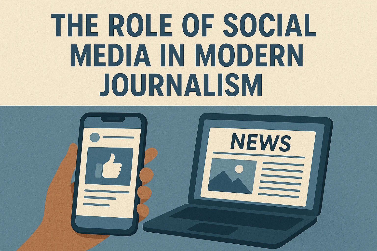Illustration showing the influence of social media on journalism. A hand holds a smartphone with a thumbs-up social media post on the left, while a laptop screen displays an online news article labeled 'NEWS' on the right. Above, bold text reads: 'The Role of Social Media in Modern Journalism' in dark blue on a beige background.